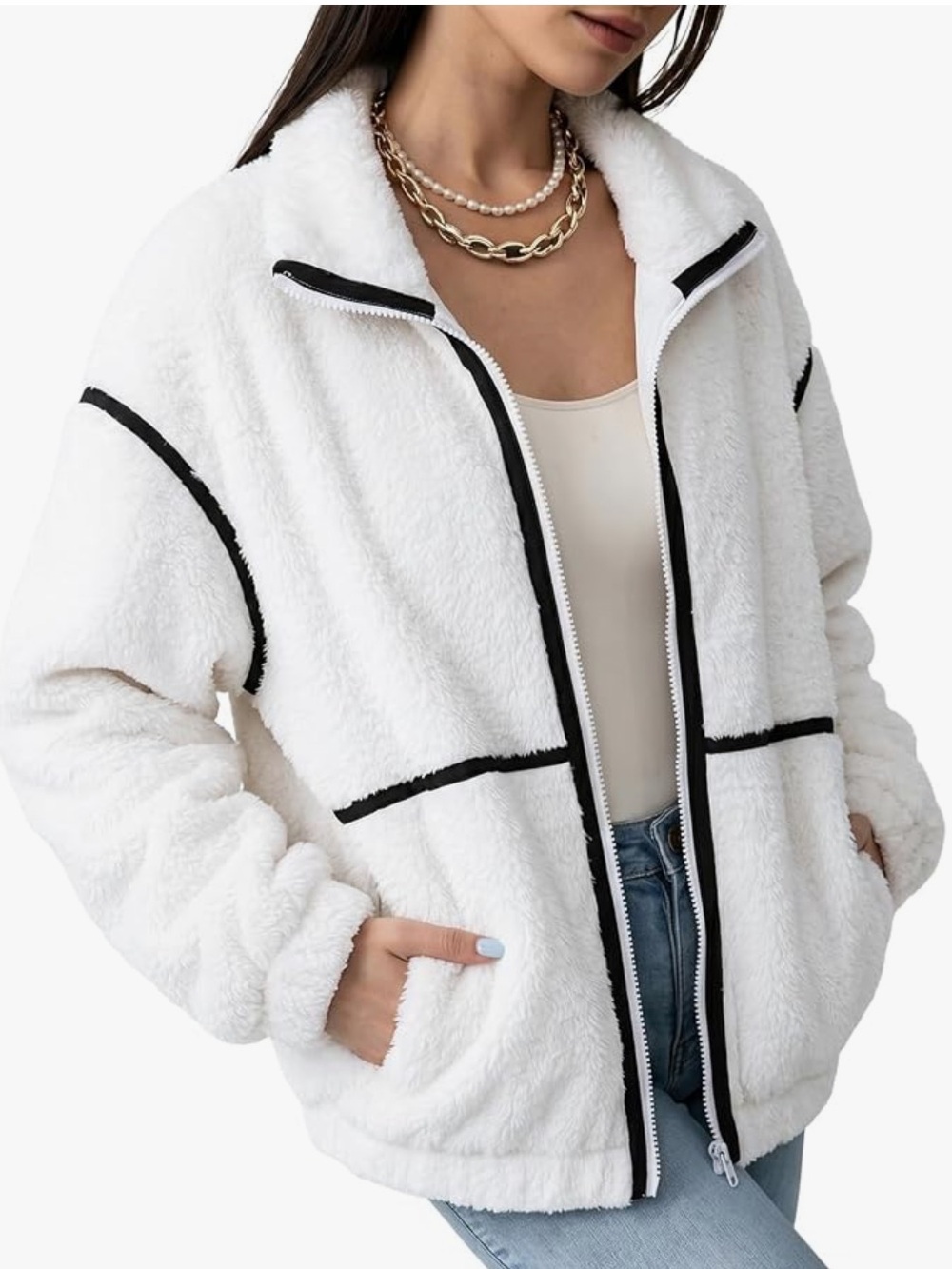 NEW Cozy Contrast Sherpa Jacket - White